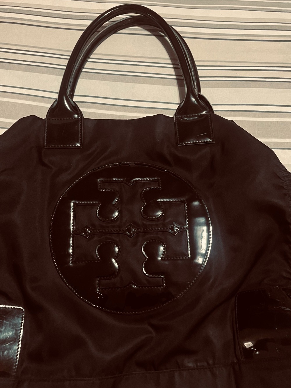 Tory Burch Black Tote with Patent Logo Emblem